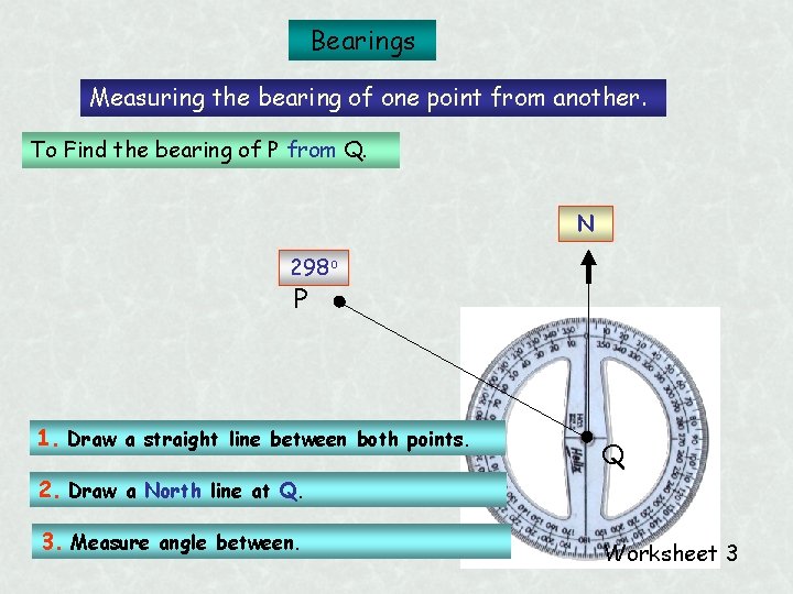 Bearings Measuring the bearing of one point from another. To Find the bearing of