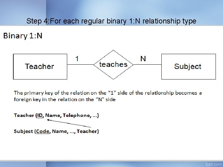 Step 4: For each regular binary 1: N relationship type Step 4: For each regular binary 1: N relationship type