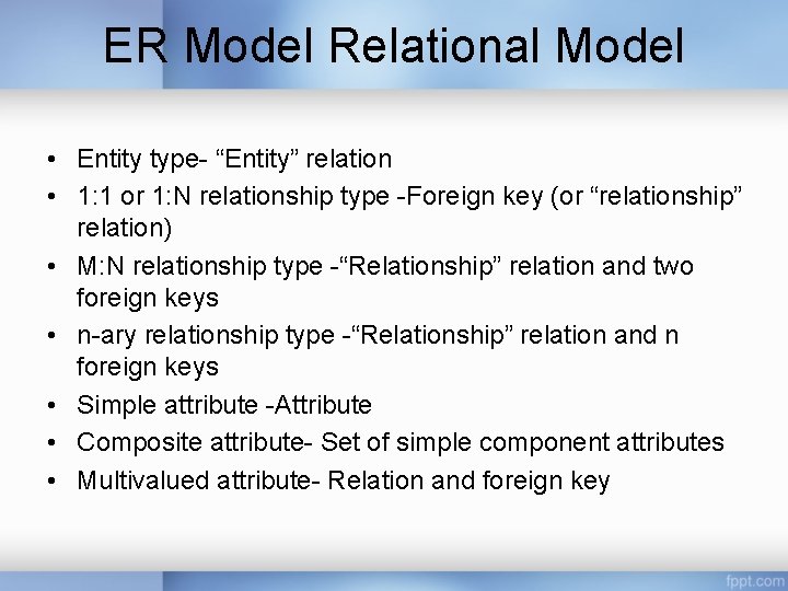 ER Model Relational Model • Entity type- “Entity” relation • 1: 1 or 1: ER Model Relational Model • Entity type- “Entity” relation • 1: 1 or 1: