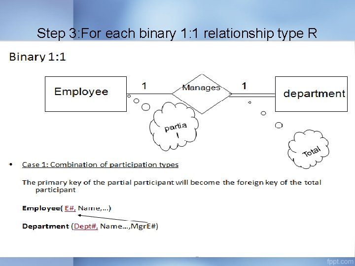 Step 3: For each binary 1: 1 relationship type R Step 3: For each binary 1: 1 relationship type R