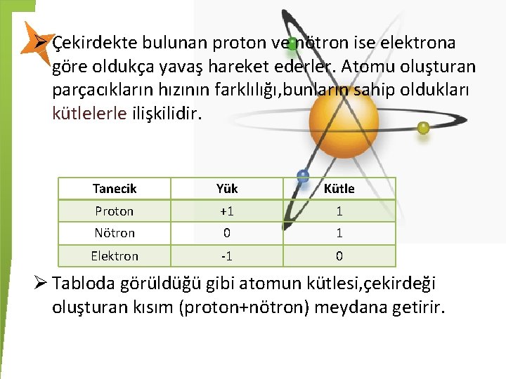 Ø Çekirdekte bulunan proton ve nötron ise elektrona göre oldukça yavaş hareket ederler. Atomu