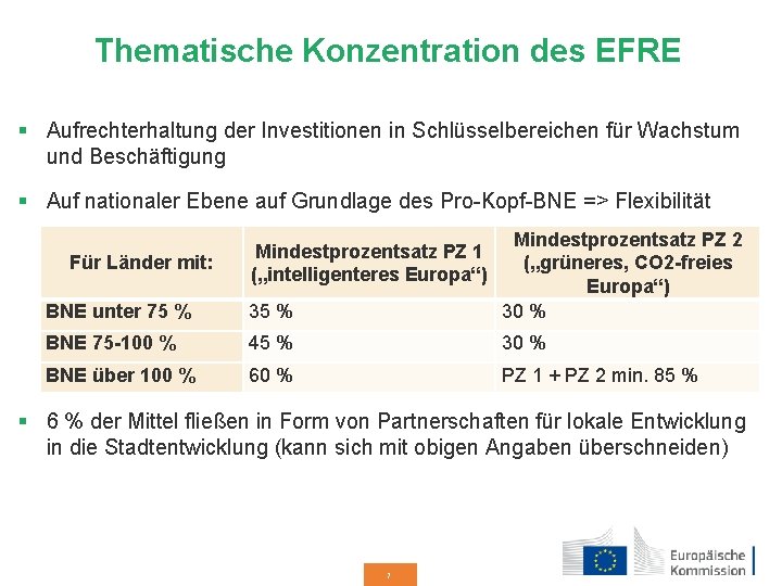 Thematische Konzentration des EFRE § Aufrechterhaltung der Investitionen in Schlüsselbereichen für Wachstum und Beschäftigung