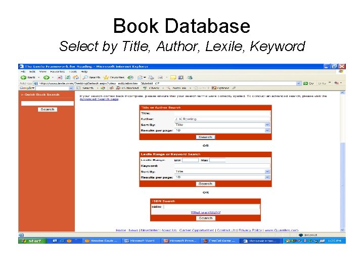 Book Database Select by Title, Author, Lexile, Keyword 