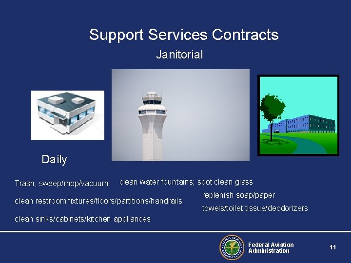 Support Services Contracts Janitorial Daily Trash, sweep/mop/vacuum clean water fountains; spot clean glass clean