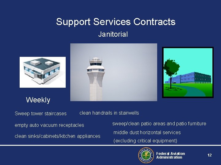 Support Services Contracts Janitorial Weekly Sweep tower staircases clean handrails in stairwells empty auto