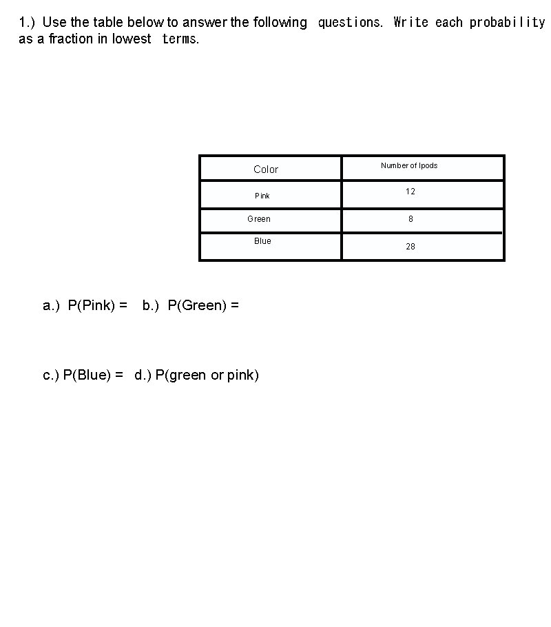 1. ) Use the table below to answer the following questions. Write each probability