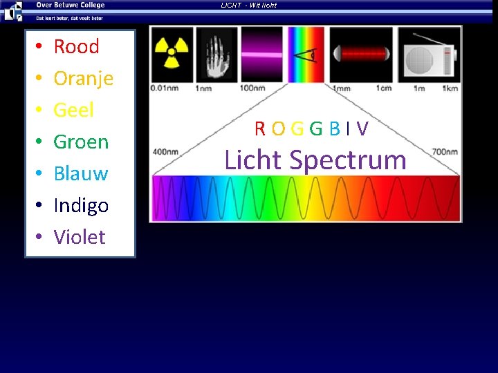 LICHT - Wit licht • • Rood Oranje Geel Groen Blauw Indigo Violet ROGGBIV