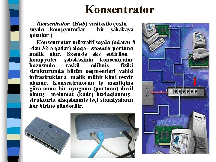 Konsentrator (Hub) vasitəsilə çoxlu sayda kompyuterlər bir şəbəkəyə qoşulur ( Konsentrator müxtəlif sayda (adətən