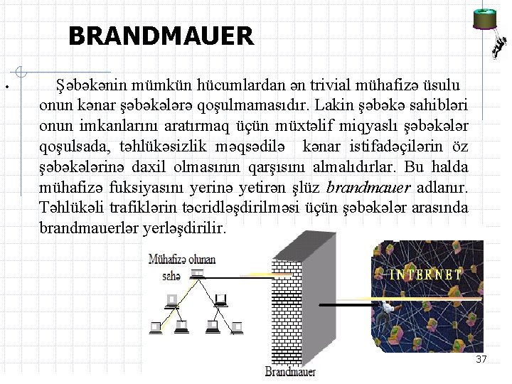 BRANDMAUER • Şəbəkənin mümkün hücumlardan ən trivial mühafizə üsulu onun kənar şəbəkələrə qoşulmamasıdır. Lakin