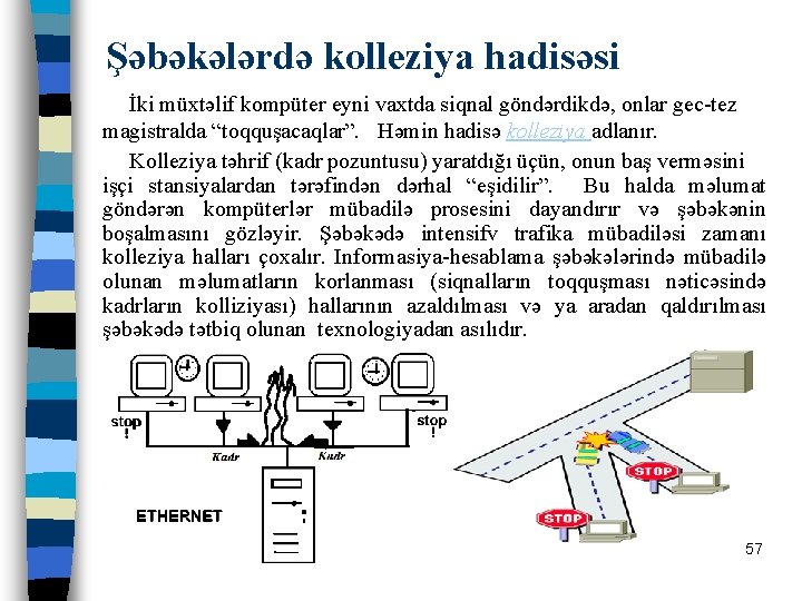 Şəbəkələrdə kolleziya hadisəsi • İki müxtəlif kompüter eyni vaxtda siqnal göndərdikdə, onlar gec-tez magistralda