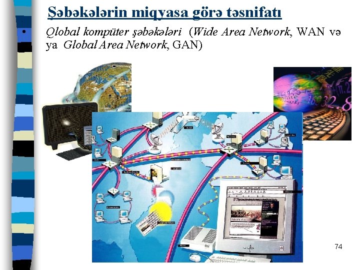  • • Şəbəkələrin miqyasa görə təsnifatı Qlobal kompüter şəbəkələri (Wide Area Network, WAN