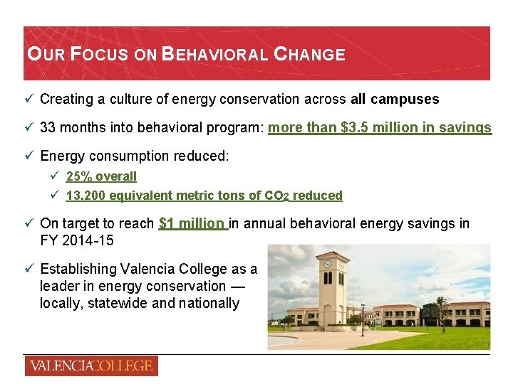 OUR FOCUS ON BEHAVIORAL CHANGE ü Creating a culture of energy conservation across all