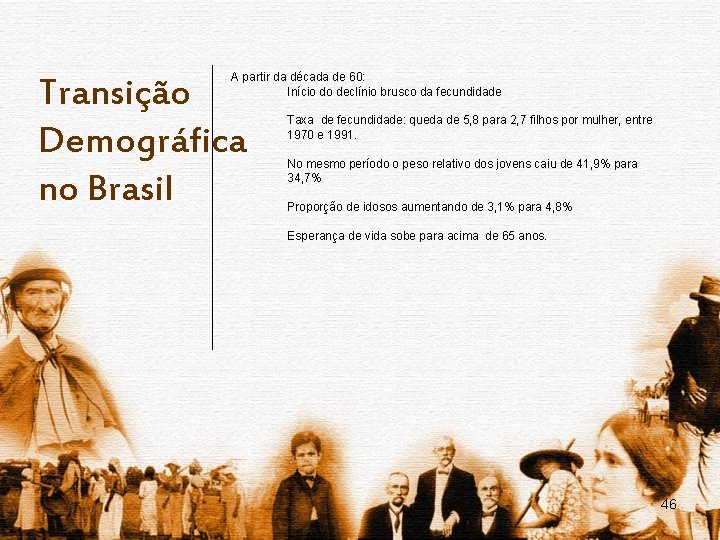 A partir da década de 60: Início do declínio brusco da fecundidade Transição Demográfica