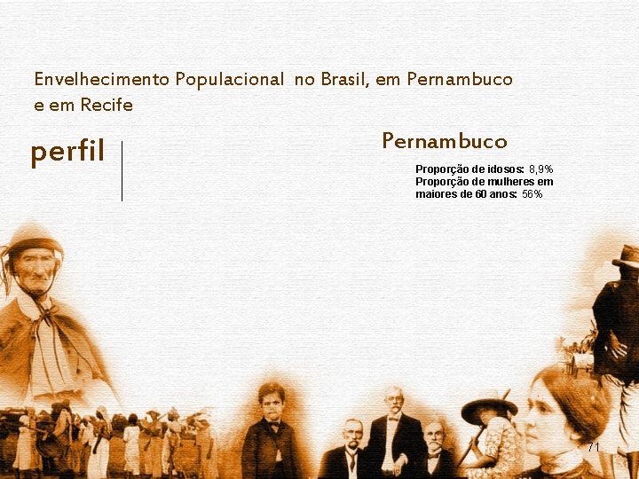 Envelhecimento Populacional no Brasil, em Pernambuco e em Recife perfil Pernambuco Proporção de idosos: