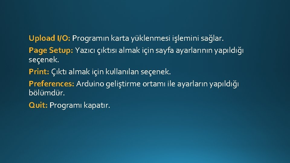 Upload I/O: Programın karta yüklenmesi işlemini sağlar. Page Setup: Yazıcı çıktısı almak için sayfa