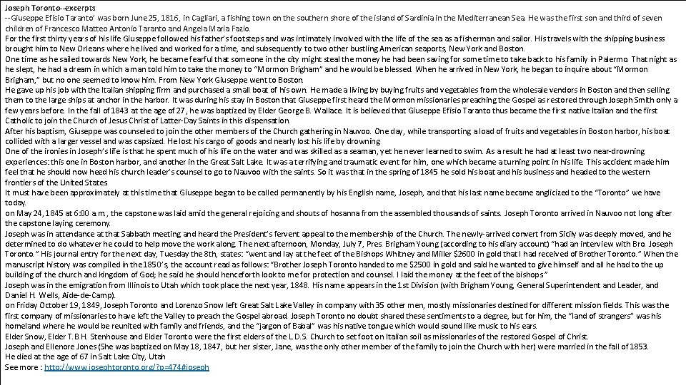 Joseph Toronto--excerpts --Giuseppe Efisio Taranto’ was born June 25, 1816, in Cagliari, a fishing