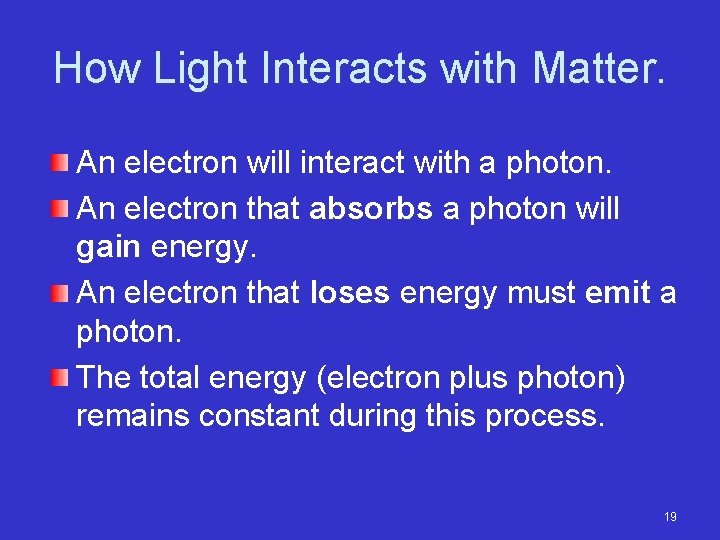 How Light Interacts with Matter. An electron will interact with a photon. An electron