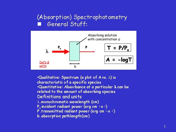 (Absorption) Spectrophotometry n General Stuff: • Qualitative: Spectrum (a plot of A vs. )