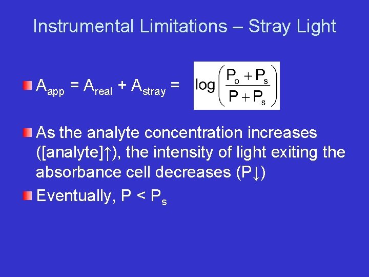 Instrumental Limitations – Stray Light Aapp = Areal + Astray = As the analyte