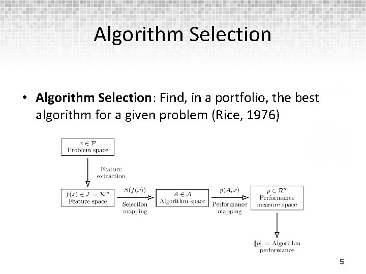 Algorithm Selection • Algorithm Selection: Find, in a portfolio, the best algorithm for a