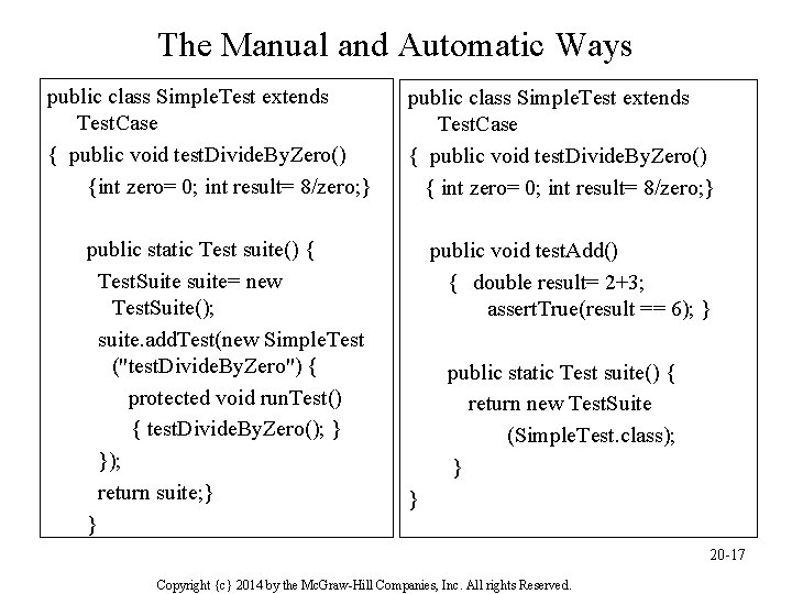 The Manual and Automatic Ways public class Simple. Test extends Test. Case { public