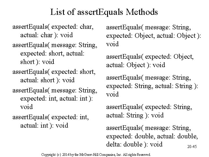 List of assert. Equals Methods assert. Equals( expected: char, actual: char ): void assert.