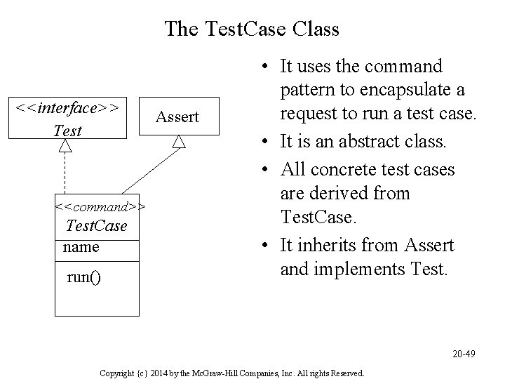 The Test. Case Class <<interface>> Test <<command>> Test. Case name run() Assert • It