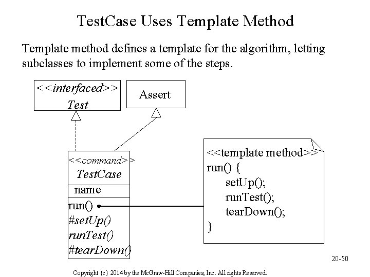 Test. Case Uses Template Method Template method defines a template for the algorithm, letting