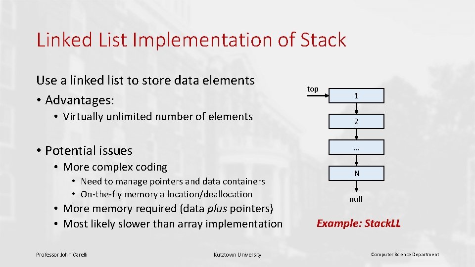 Linked List Implementation of Stack Use a linked list to store data elements •