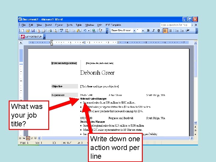 What was your job title? Write down one action word per line 