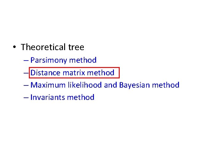  • Theoretical tree – Parsimony method – Distance matrix method – Maximum likelihood