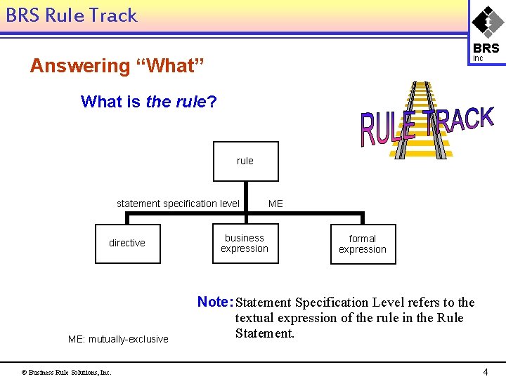 BRS Rule Track BRS inc Answering “What” What is the rule? rule statement specification