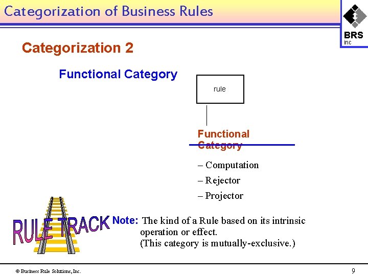 Categorization of Business Rules BRS inc Categorization 2 Functional Category rule Functional Category –