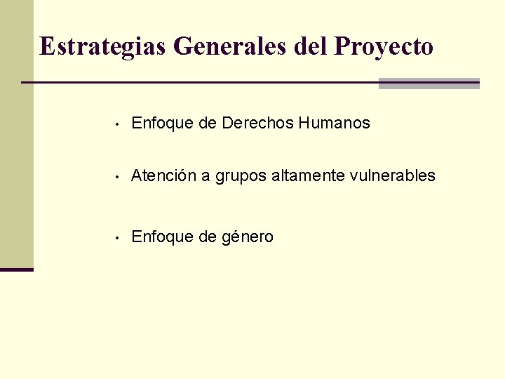 Estrategias Generales del Proyecto • Enfoque de Derechos Humanos • Atención a grupos altamente