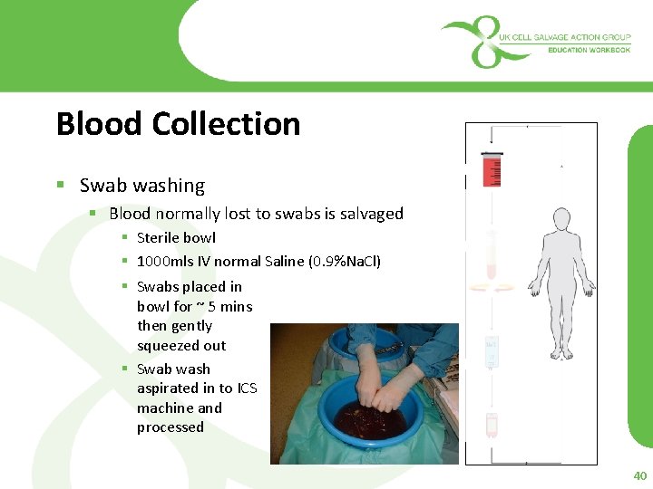 Blood Collection § Swab washing § Blood normally lost to swabs is salvaged §