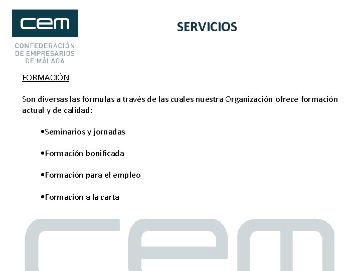 SERVICIOS FORMACIÓN Son diversas las fórmulas a través de las cuales nuestra Organización ofrece