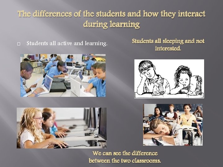 The differences of the students and how they interact during learning � Students all