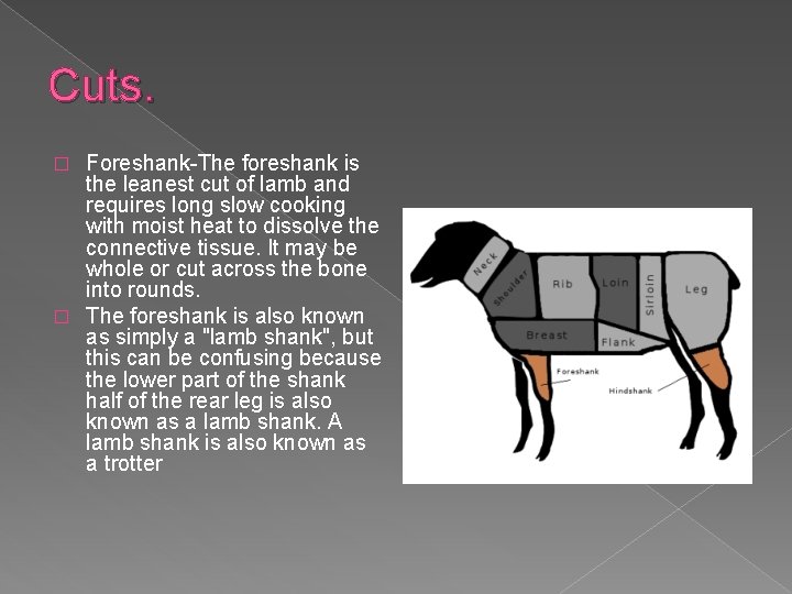 Cuts. Foreshank-The foreshank is the leanest cut of lamb and requires long slow cooking