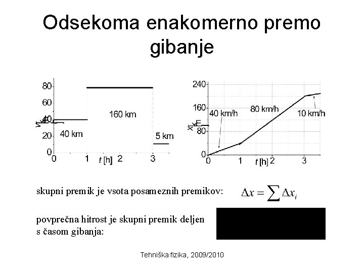 Odsekoma enakomerno premo gibanje skupni premik je vsota posameznih premikov: povprečna hitrost je skupni