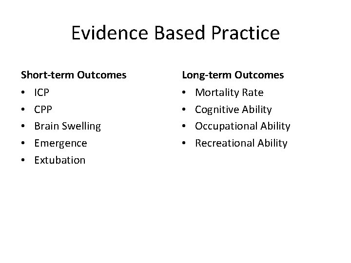 Evidence Based Practice Short-term Outcomes • • • ICP CPP Brain Swelling Emergence Extubation