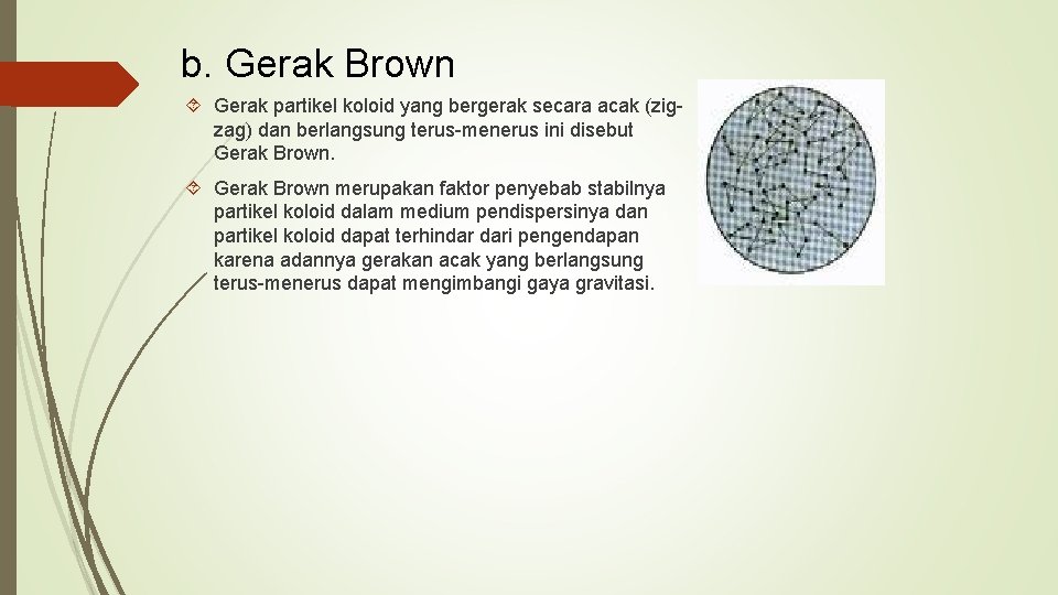 b. Gerak Brown Gerak partikel koloid yang bergerak secara acak (zigzag) dan berlangsung terus-menerus