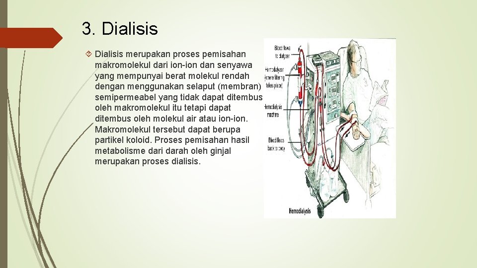 3. Dialisis merupakan proses pemisahan makromolekul dari ion-ion dan senyawa yang mempunyai berat molekul