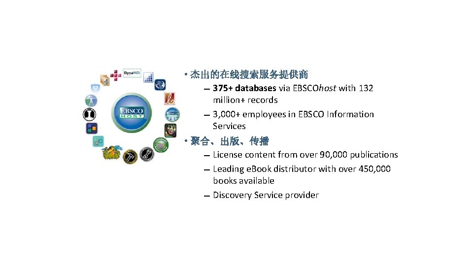  • 杰出的在线搜索服务提供商 375+ databases via EBSCOhost with 132 million+ records 3, 000+ employees