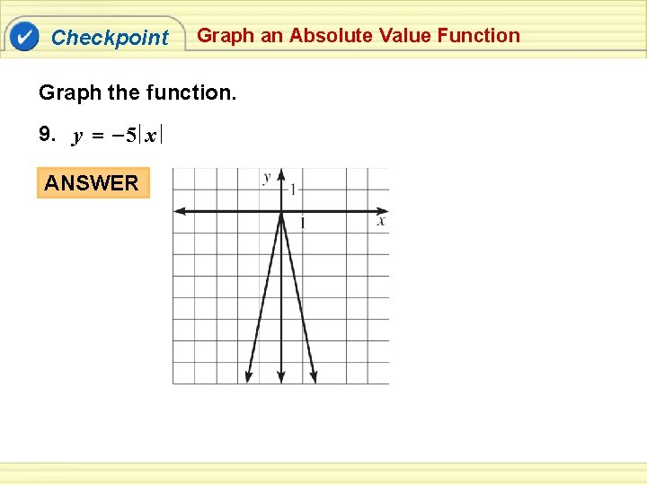 Checkpoint Graph an Absolute Value Function Graph the function. 9. y = – 5