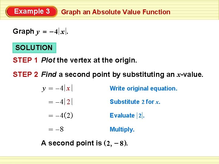 Example 3 Graph an Absolute Value Function Graph y = – 4 x. SOLUTION