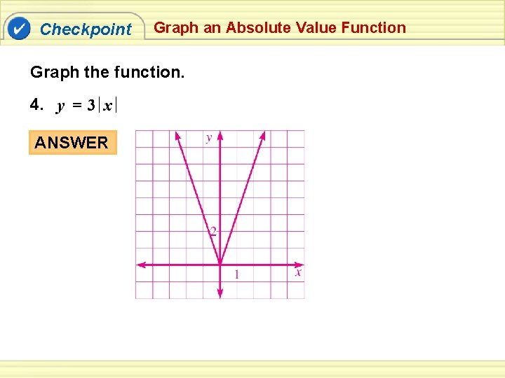 Checkpoint Graph an Absolute Value Function Graph the function. 4. y = 3 x