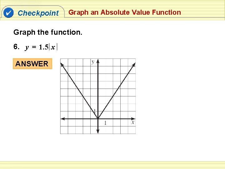 Checkpoint Graph an Absolute Value Function Graph the function. 6. y = 1. 5