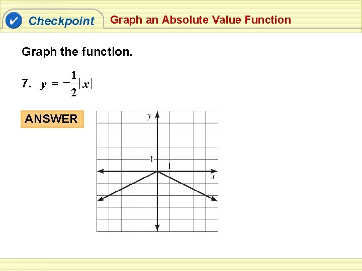 Checkpoint Graph an Absolute Value Function Graph the function. 7. y = – 1