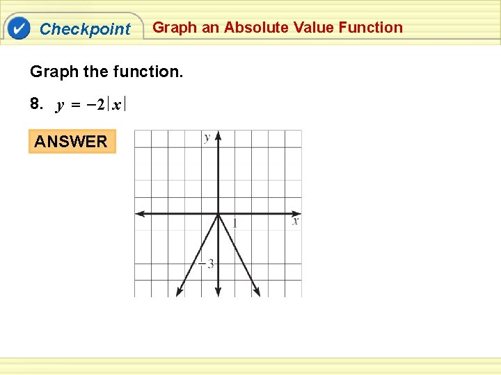 Checkpoint Graph an Absolute Value Function Graph the function. 8. y = – 2