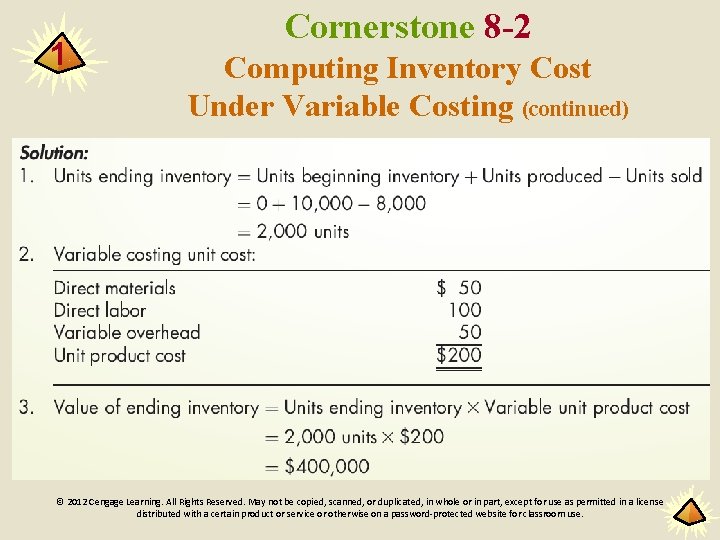 1 Cornerstone 8 -2 Computing Inventory Cost Under Variable Costing (continued) © 2012 Cengage